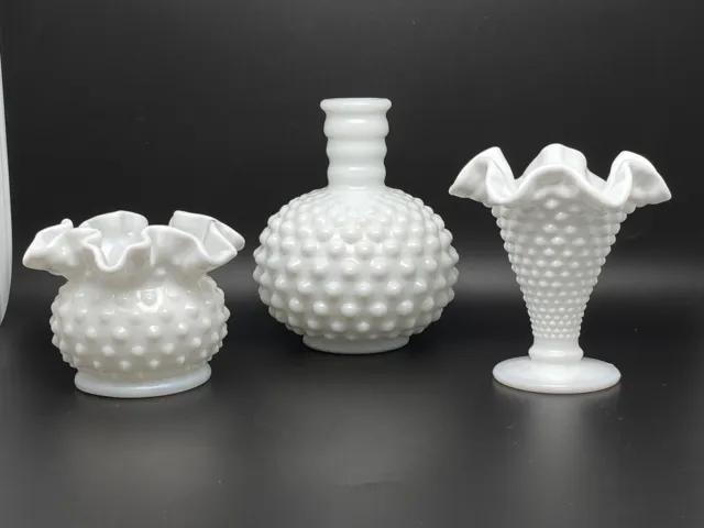 Lot of 3 Fenton Milk Glass Hobnail Small Vases & Perfume Bottle(missing stopper)