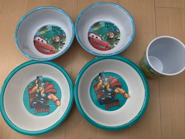 Paquete de tazones y una taza para bebé niño pequeño Disney y Thor usado destete no deseado