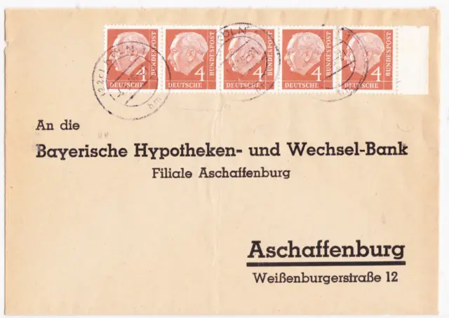 Bund Heuss I,  4 Pf,  Mi. 178 in 5er-Streifen mit SR Brief seltene Verw.