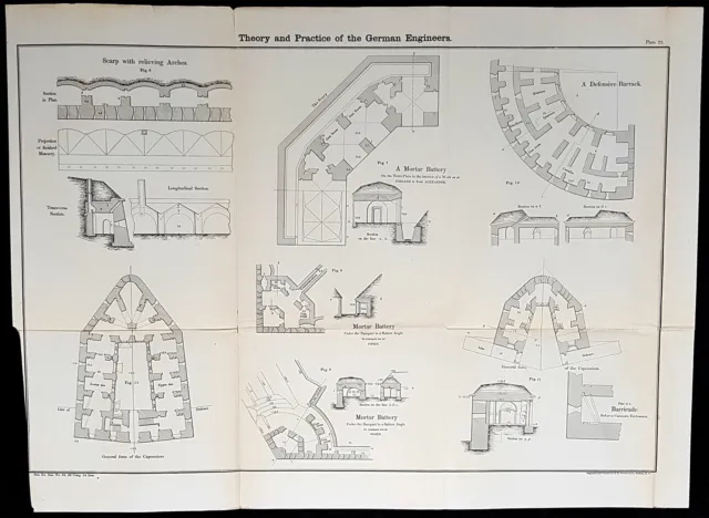 1856 Cap Richard Delafield Large Antique Schematics of German Fortifications