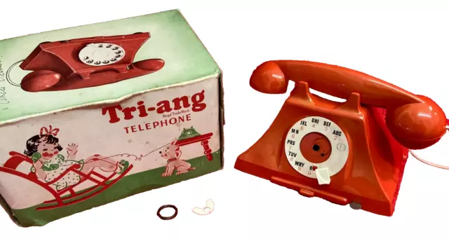 Vintage Tri-ang Red Mechanical Ringing Telephone. With Original box. #26