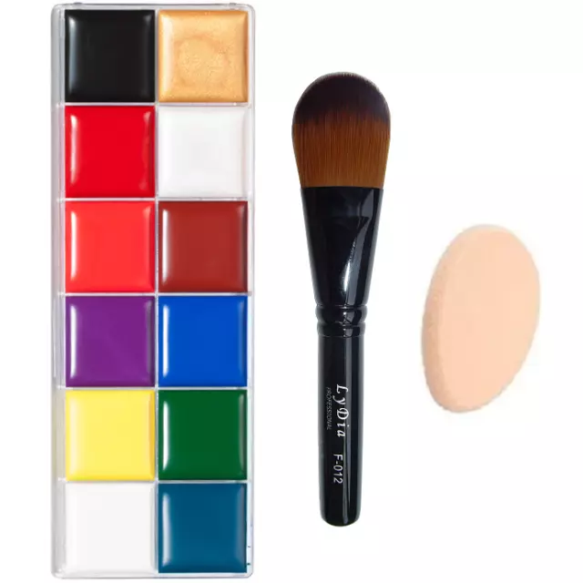 12 Colours Face Body Oil Paint Palette + Foundation Paint Brush + Makeup Sponge