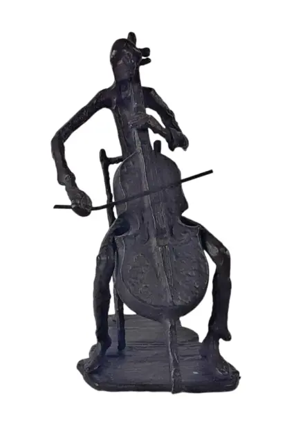 Brutalist Figurine Man Playing Cello Black Cast Iron Sculpture Musician 10.5"