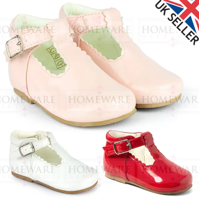 Baby Girls Spanish Style Glossy Patent Shoes Pink White Infant Size Uk 2-6 New