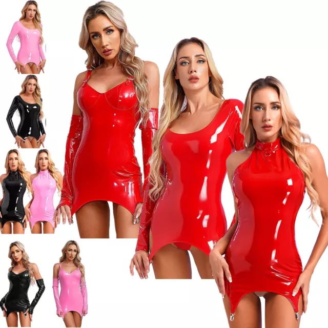 UK Womens Sexy PVC Leather Bodycon Dress Club Party Mini Dress with Garter Clip