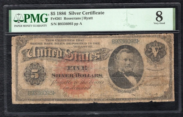 Fr. 261 1886 $5 Five Dollars “Morgan Dollar Back” Silver Certificate Pmg Vg-8