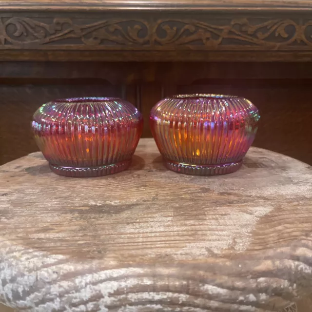 Fenton Cranberry Ribbed Carnival Glass Candle Holder Bowls  Set/Pair