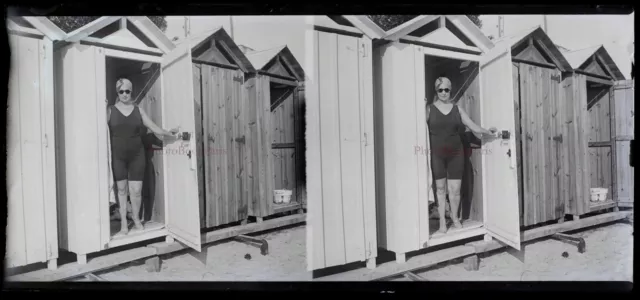 FRANCE Mode Balnéaire c1930 Photo NEGATIVE Plaque de verre Stereo Vintage