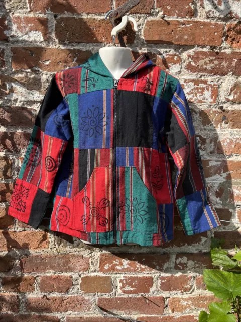 Felpa con cappuccio/giacca in cotone patchwork cappotto hippie/boho/festival 7-8 anni