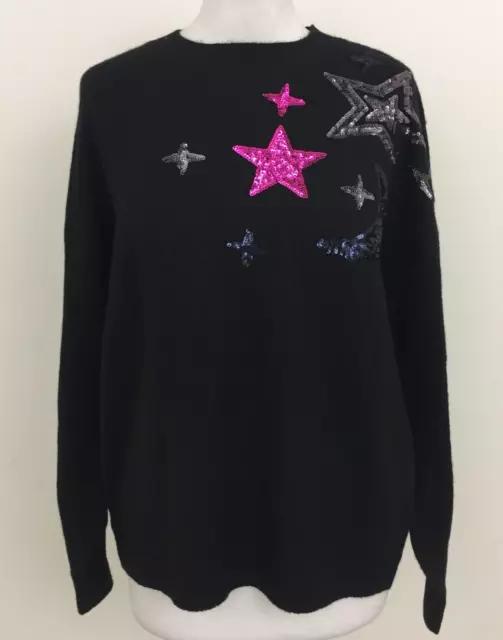 TU Women's Jumper Size 12 Black Stretch Long Sleeve Sequin Star Pattern Used F1