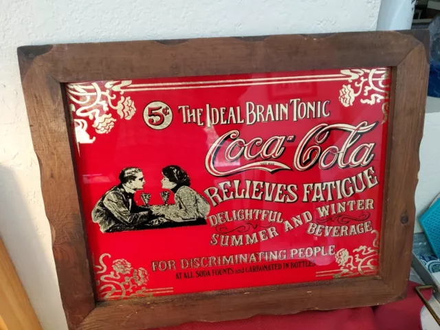 Vintage Advertising 5 cent Coca Cola Glass Sign THE IDEAL BRAIN TONIC Wood Frame