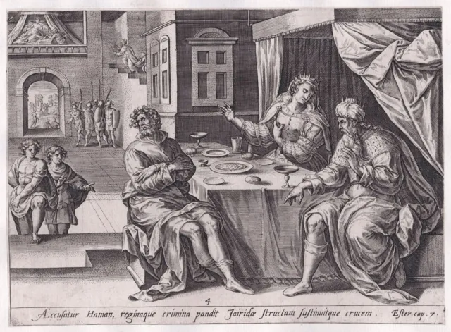 J.Collaert / J.Snellinck - Esther accusing Haman Bible engraving Jode 1580