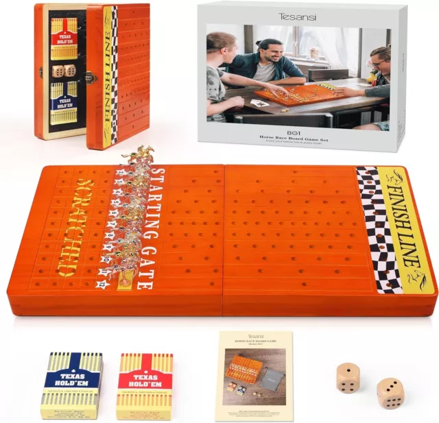Horse Race Board Game, Thick Pine Wood Horse Racing Game Sets Metal Pieces, Card