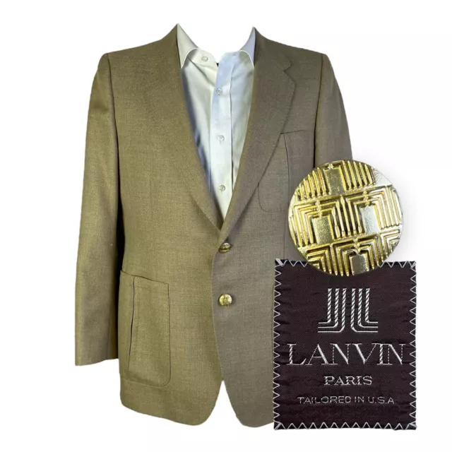 Vintage Lanvin Paris Blazer Sport Coat Mens 40R Beige Tan Hopsack Gold Buttons