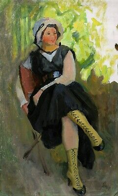 Cuadro Francés Impresionista Retrato Mujer Sentada Parque Jardín Óleo Lienzo