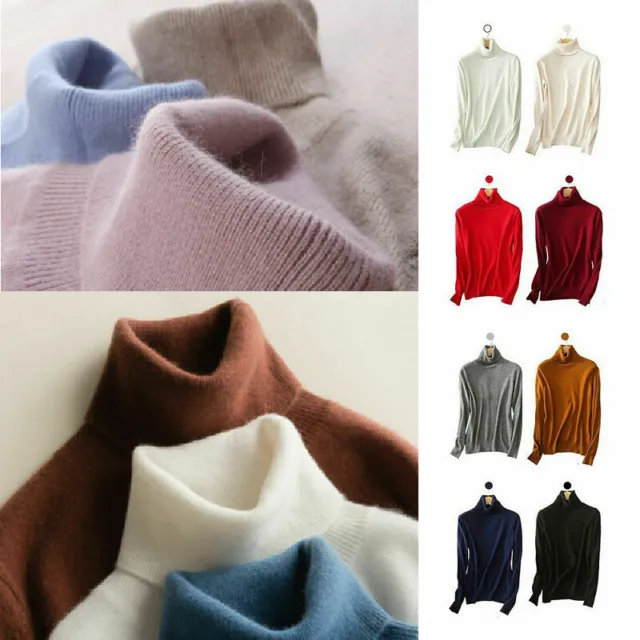 Womens Winter Slim Sweater Knitted Turtleneck Soft Cashmere Wool Jumper Pullover
