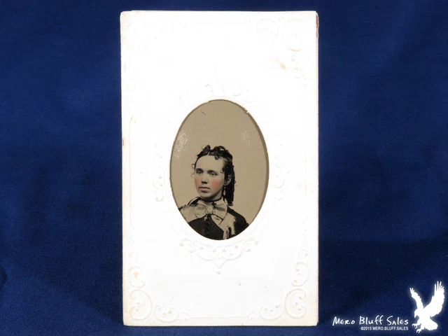 Antique Tintype Portrait Young Lady BIG BOW Many Curls Ringlets