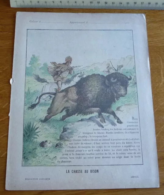 Ancien Protège-cahier Couverture "LA CHASSE AU BISON"  Collection Godchaux
