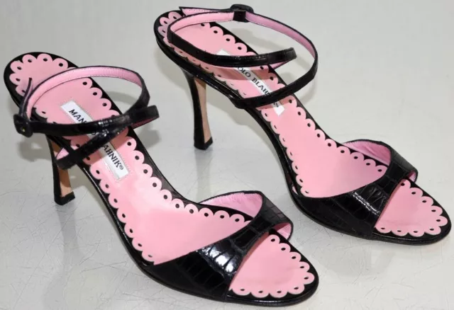 $3290 NEW Manolo Blahnik ALLIGATOR Black Pink Sandals Crocodile Strappy Shoes 40