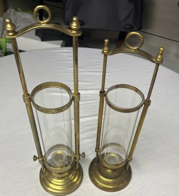 *2* Vtg Brass Antique Lantern Candle Holders Victorian Decor Glass 16”18” Tall