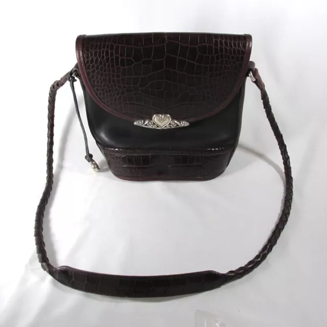 Brighton Shoulder Bag Black Leather & Brown Croc Embossed Crossbody Purse w Flap