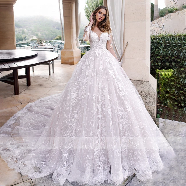 Princess Wedding Dresses Romantic Sweethear Long Sleeve Beaded LaceApplique Gown