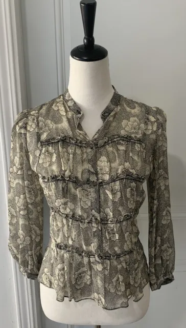 Vintage Max Studio Black Beige Silk Sheer Floral Ruffle Blouse Size X-Small