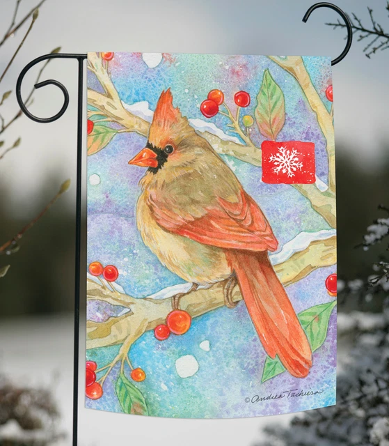 Toland Noel Cardinal 12x18 Red Bird Winter Berries Snow Branch Garden Flag