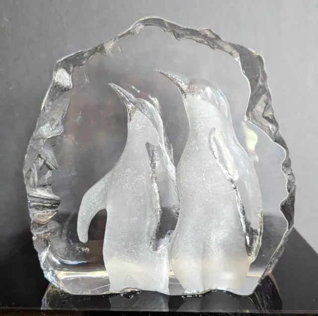 Large 6" Mats Jonasson Signed 2 Penguins Art Glass Crystal Sculpture Sweden 3154 3
