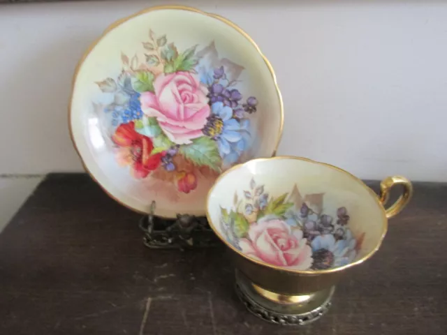 Aynsley England  Cabbage Rose Pattern  Signed J A Bailey Tea Cup And Saucer Gold