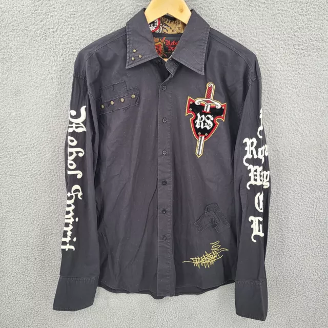 Rebel Spirit Shirt Men Large Black Embroidered Button Up Cross Skull Y2K