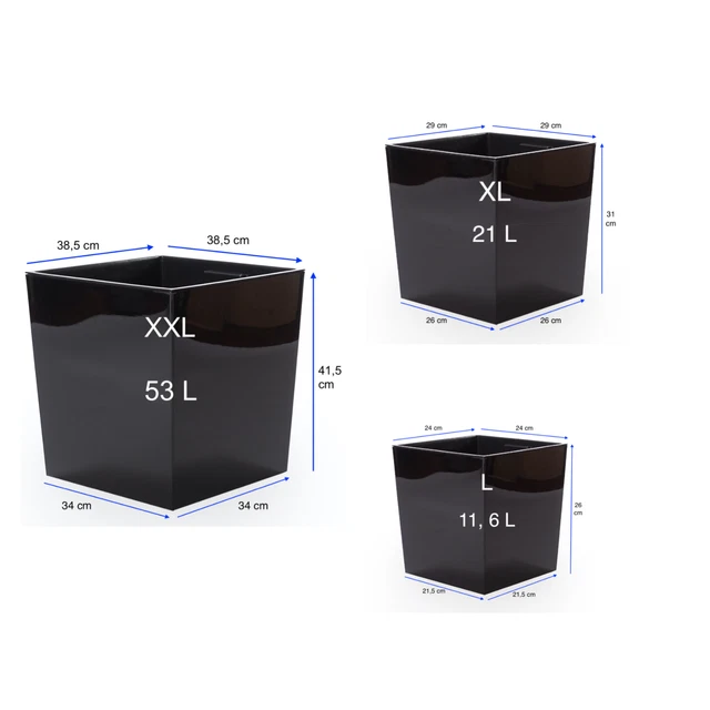 BLUMENKÜBEL SCHWARZ ECKIG Hochglanz Blumentopf Einsatz Set 3 L + XL