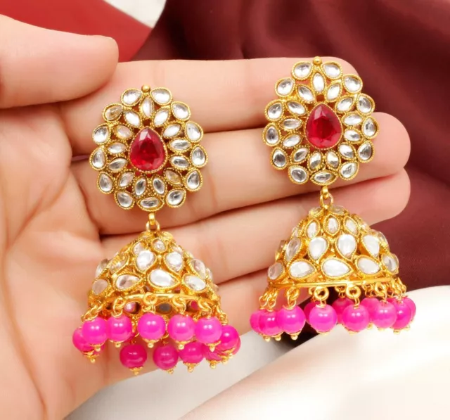 Boucles d'oreilles indiennes Bollywood plaqué or Kundan Jhumki Jhumka...