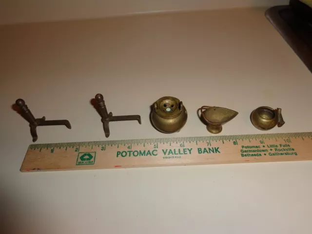 Antique  Doll House Miniature Brass Andiron Set & Accessory Fireplace Set Lot