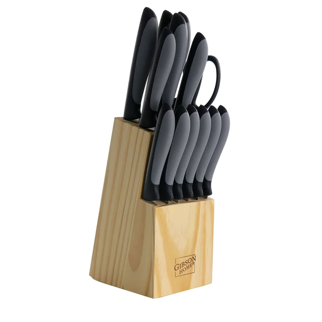 Juego de cubiertos de acero inoxidable de 14 piezas Gibson Home Dorain en negro con bloque de madera