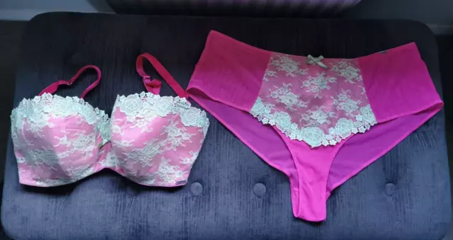 Boux Avenue Bright Pink & Pistachio Bra Set Size 34E Bra & Size 16 Shorts