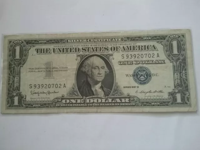 1957 One Dollar Bill Well Circulated Silver Certificate Blue Seal Note • 1 Bill