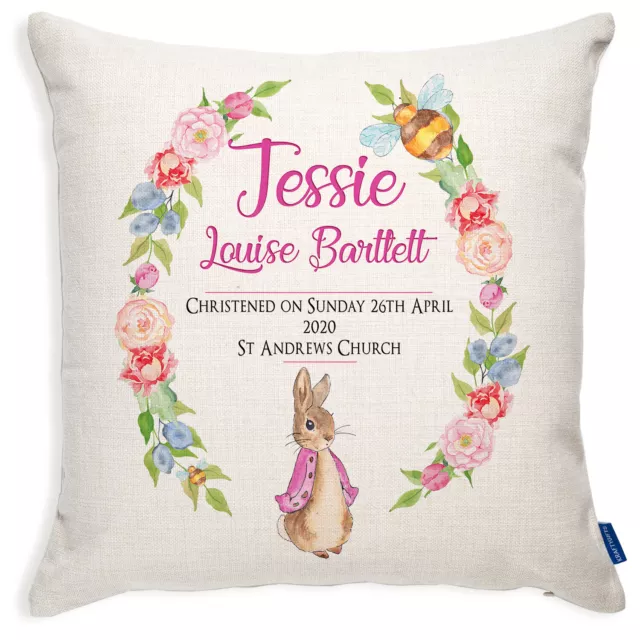 Personalised Christening Rabbit Cushion New Baby Girl Pillow Cover Gift PR04