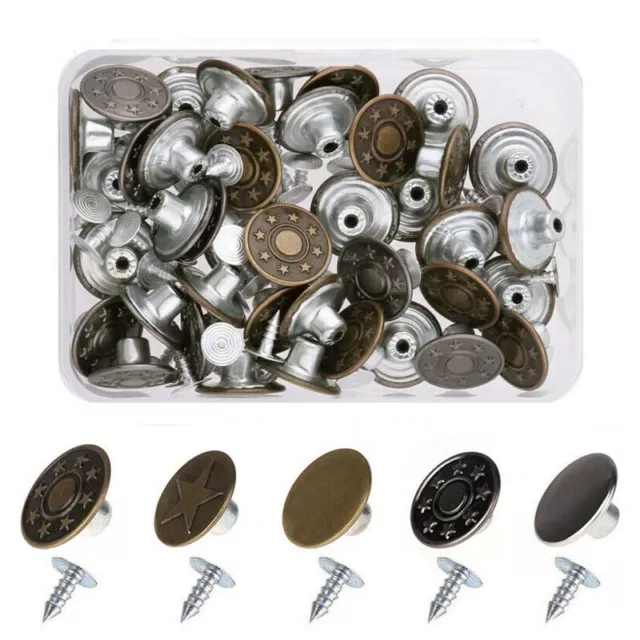 50 Jeans Metal Snap Tack Buttons Clothes Replacement w/Rivets Storage Box 17mm