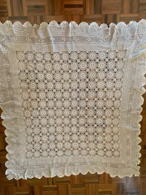 Vintage Beige Ecru Crochet Lace Tablecloth 143Cm X 129Cm Afternoon Tea