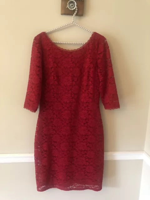 Laundry Shelli Segal Size 10 Red Lace Sheath Dress 3/4 Sleeve