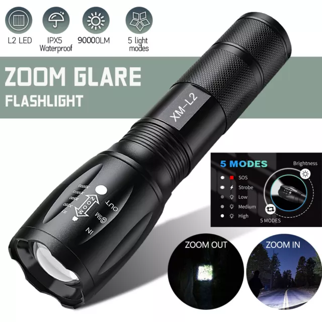 90000LM LED Tactical Military LED Flashlight Torch 5 Modes Zoomable Flashlight