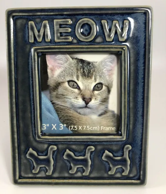 Meow Kitty Blue Ceramic Cat Picture Frame For 3 X 3 Photograph