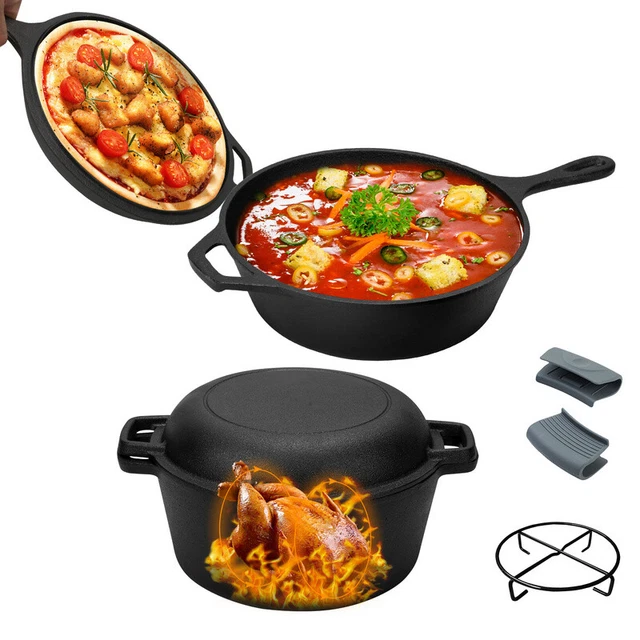 Dutch Oven Feuertopf Gusseisen 2 in1-Deckel Ca. 4.6L / 6.4L Feuerkessel