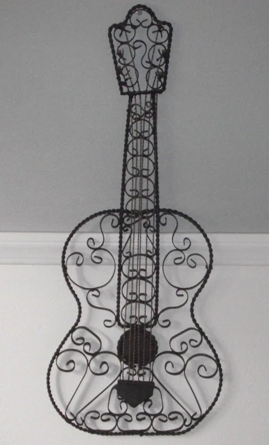 Vintage 27.5" twisted scroll wrought iron metal wall hanging art 6 string guitar