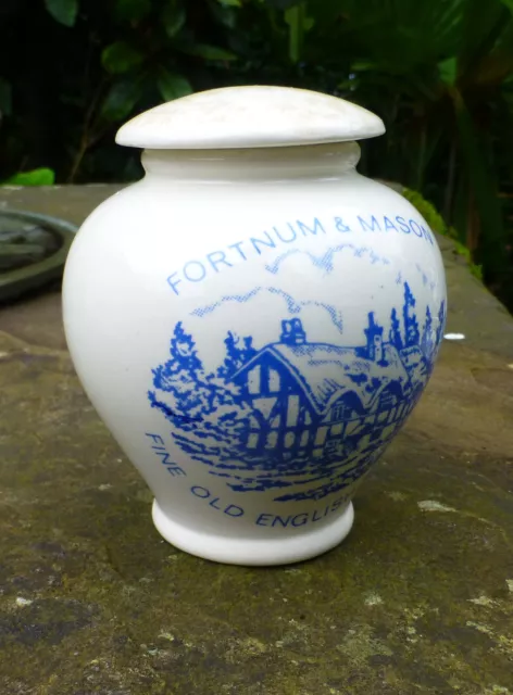 Blue & White Fortnum & Mason Vintage Old English Mustard Pot w/Lid Crown Devon
