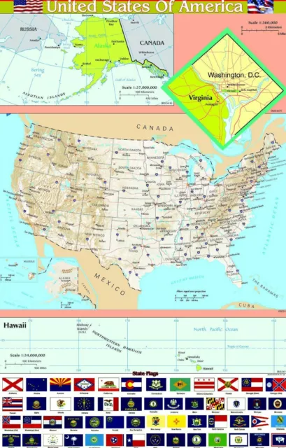 USA UNITED STATES of AMERICA Map Wall Chart Poster School Educational Print A4