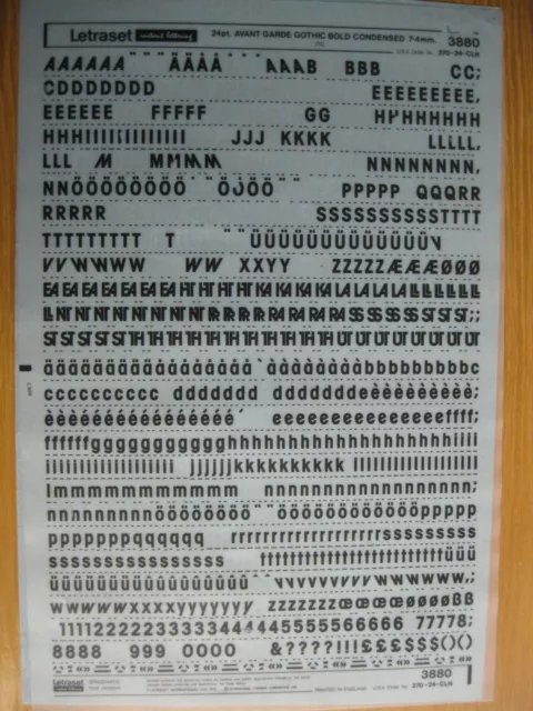 0,1 x Letraset Upp/Low/Num 24pt AVANT GARDE GOTHIC FETT ZUSTAND 7,4 mm Blatt 3880 (bb)