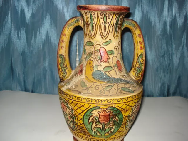 Antique Majolica Pottery Persian Style, Vase Double Handle Floral, Birds,Pattern