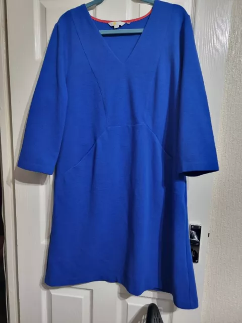 Boden Bronte Ottoman Shift Dress UK 20 Blue Ribbed V-Neck 3/4 Sleeves Pockets